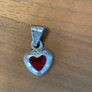 Mexican Silver Heart Pendant with Red Jasper Accent. 1” long.